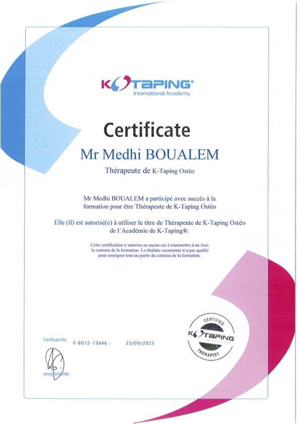 K-taping : certificat décerné à Mehdi Boualem